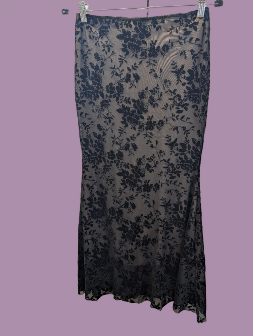 Skirt Black Burnt Velvet Floral Mesh Overlay Mermaid Midi Skirt Elastic Waist